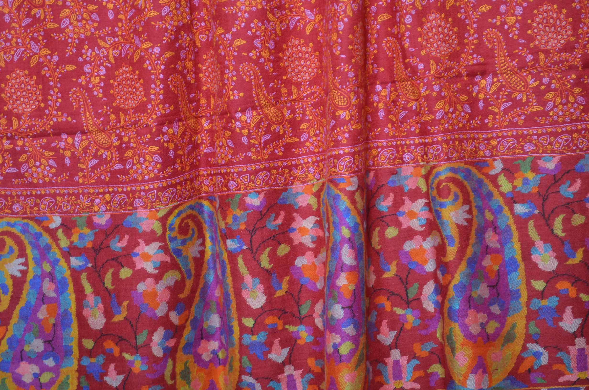 Red Kani Pashmina Jamwar Shawl with Sozni Embroidery