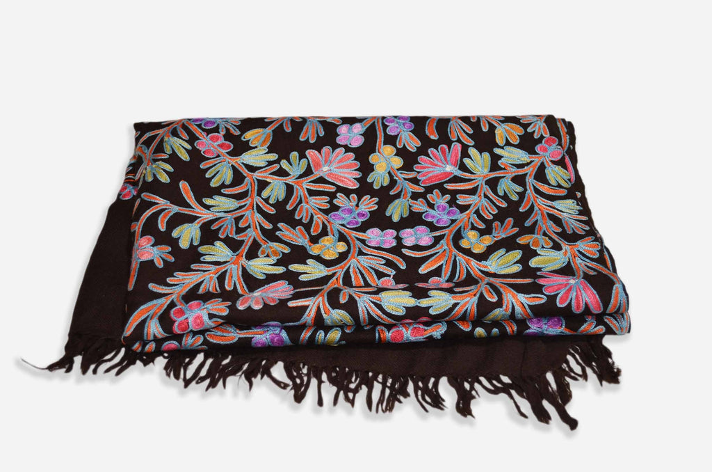 Brown Merino Wool Aari Work Scarf