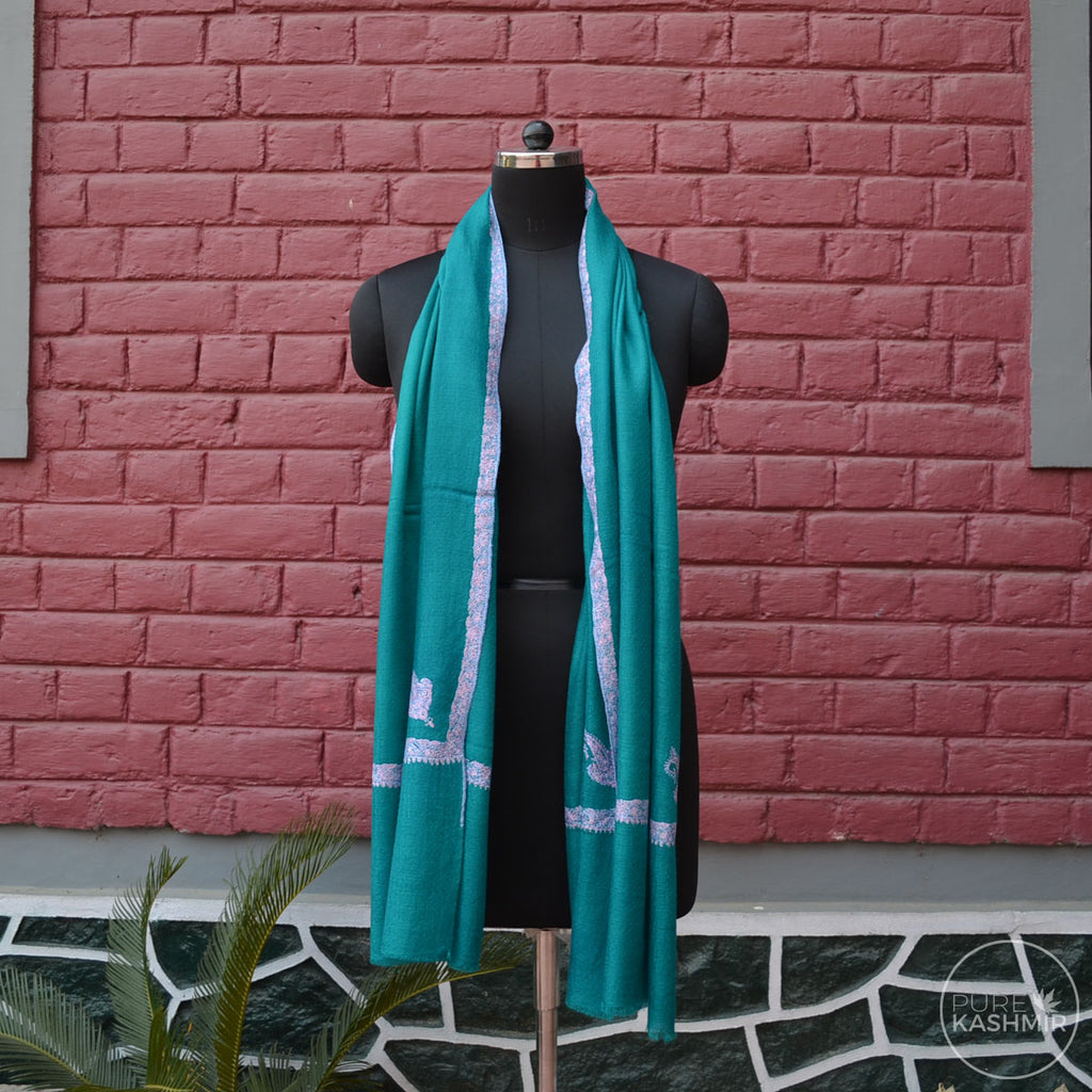 Jade Green Cashmere Scarf With Stunning Border Embroidery