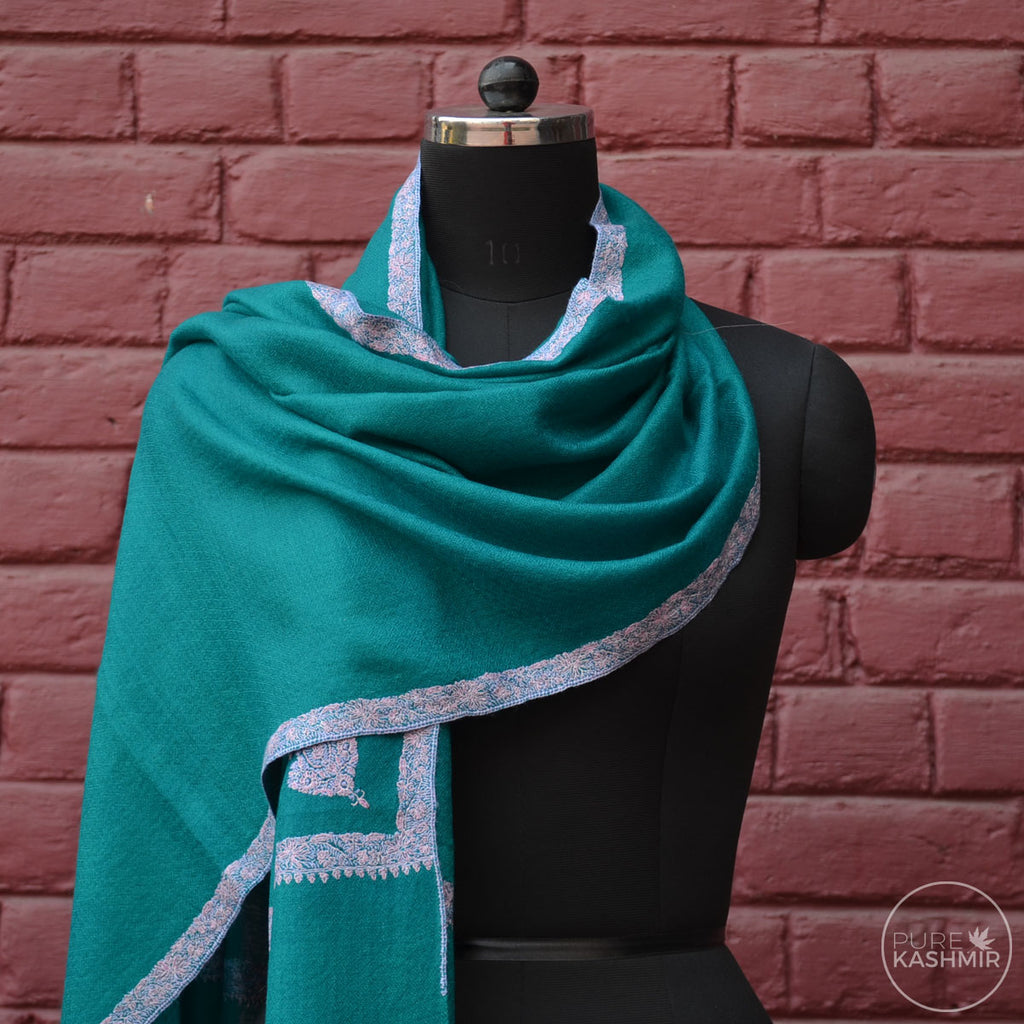 Jade Green Cashmere Scarf With Stunning Border Embroidery