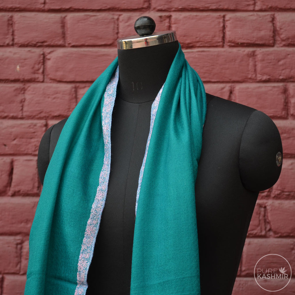 Jade Green Cashmere Scarf With Stunning Border Embroidery