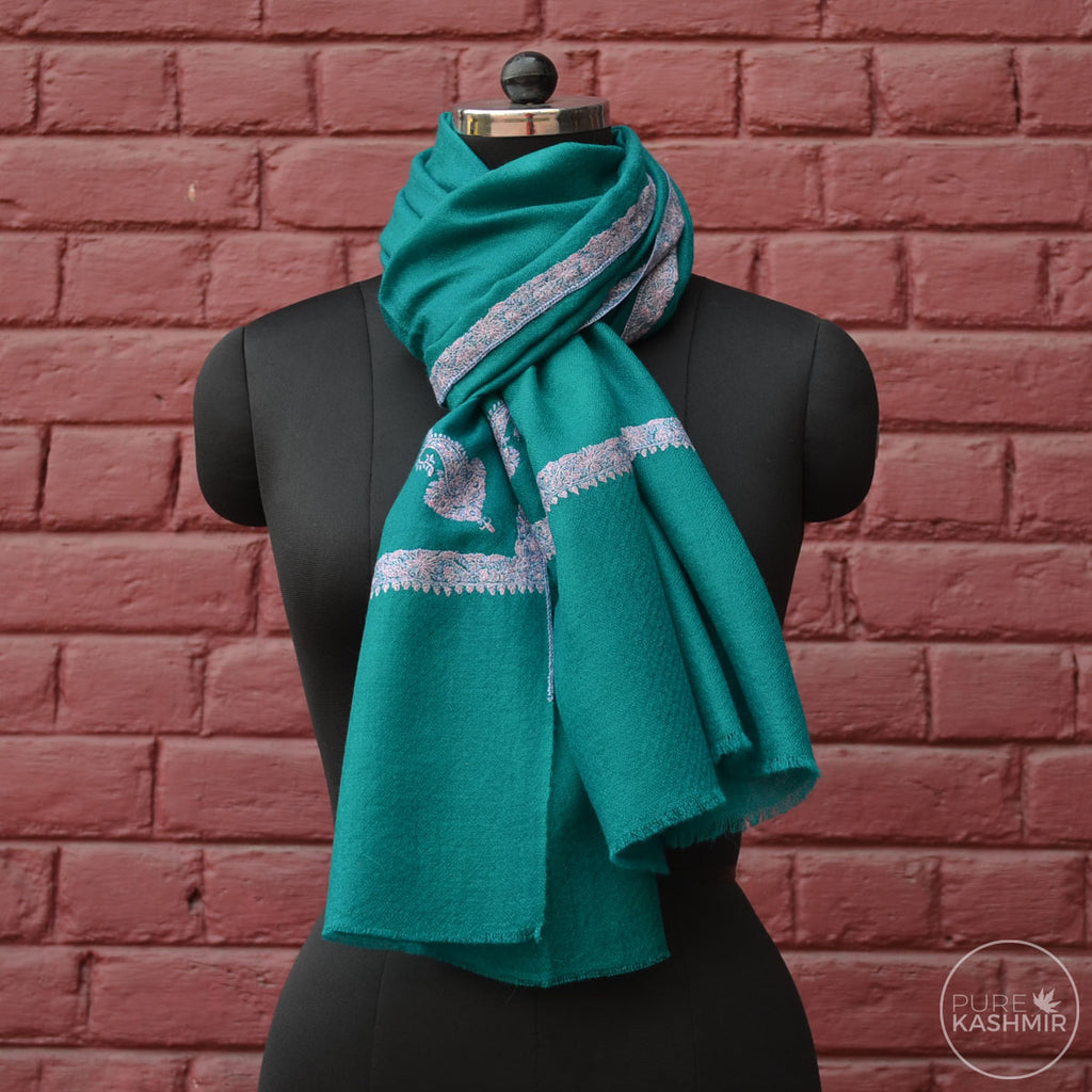 Jade Green Cashmere Scarf With Stunning Border Embroidery
