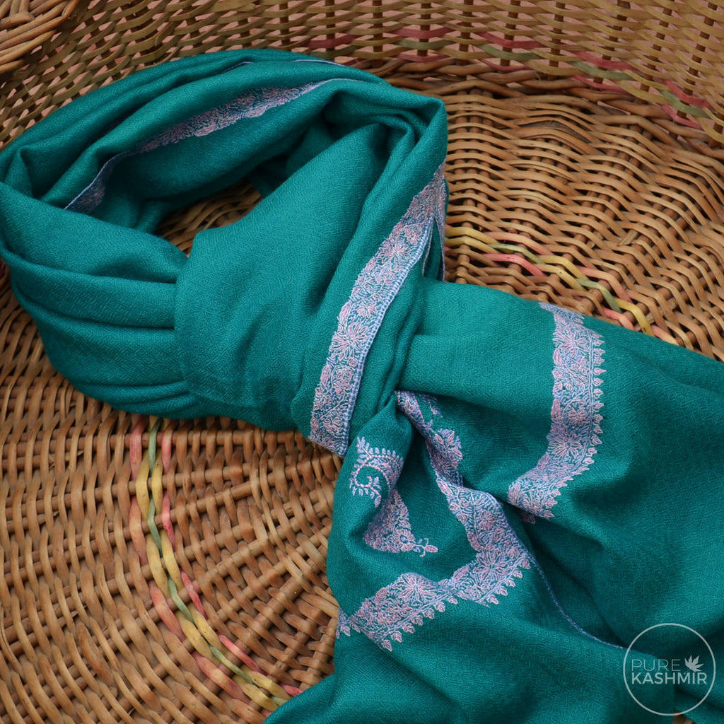 Jade Green Cashmere Scarf With Stunning Border Embroidery