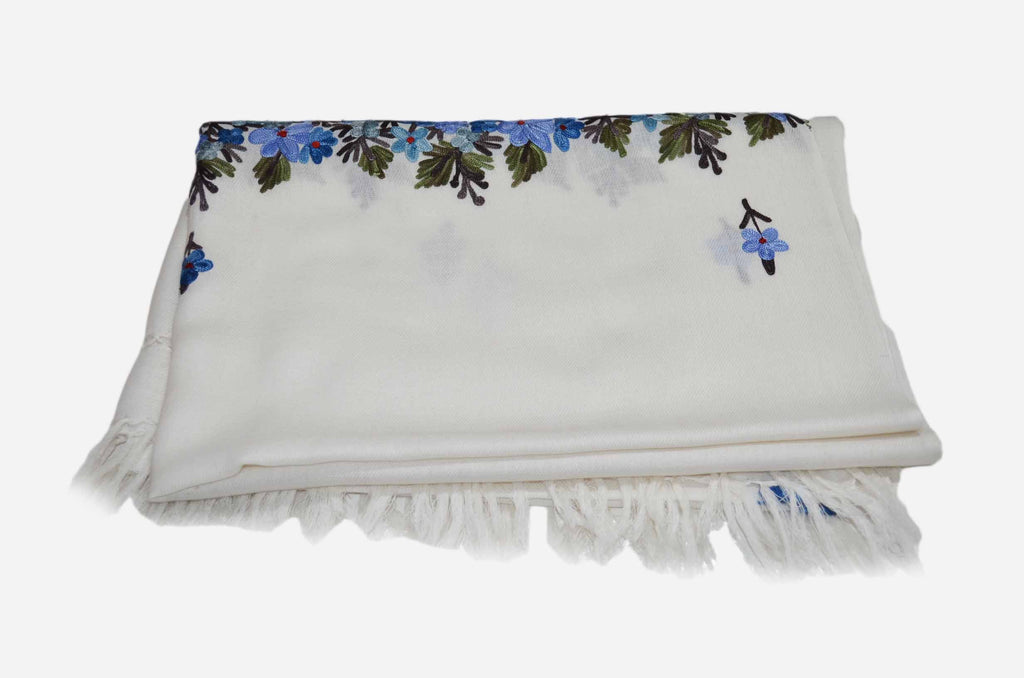 Ivory Merino Wool Aari Embroidered Big Border and Motif Scarf