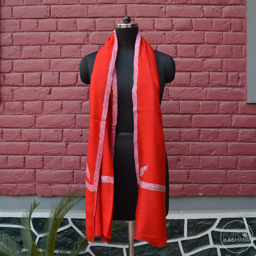 Red Cashmere Scarf With Stunning Border Embroidery