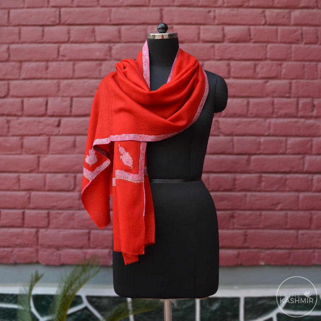 Red Cashmere Scarf With Stunning Border Embroidery