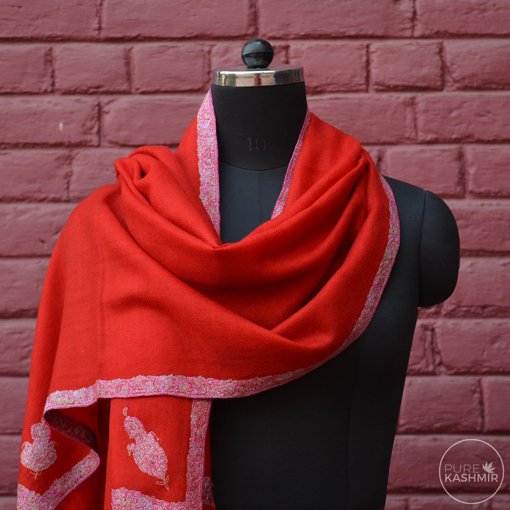 Red Cashmere Scarf With Stunning Border Embroidery