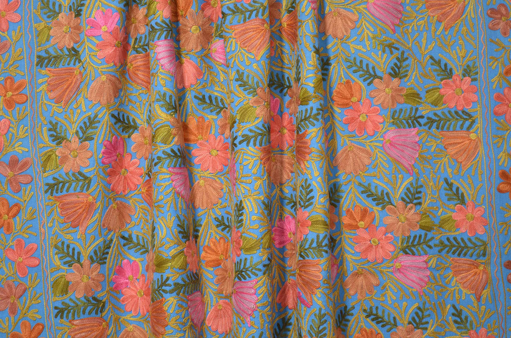 Blue Merino Wool Aari Jamawar Embroidery Shawl
