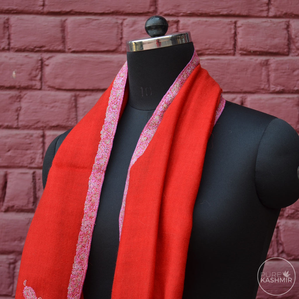 Red Cashmere Scarf With Stunning Border Embroidery