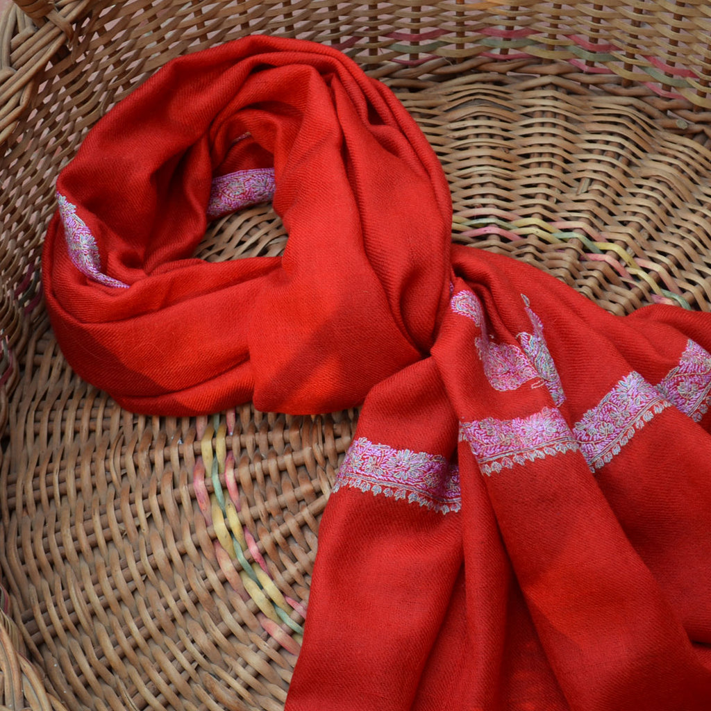 Red Cashmere Scarf With Stunning Border Embroidery