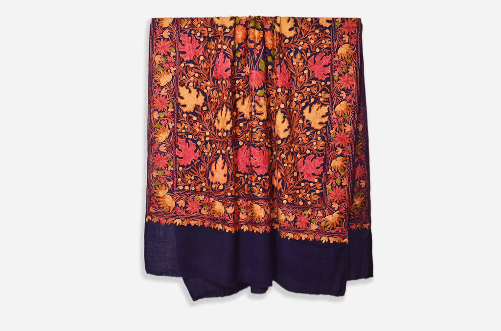 Navy Blue Merino Wool Aari Work Jamawar Shawl