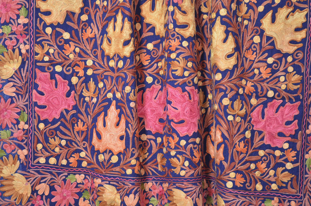 Navy Blue Merino Wool Aari Work Jamawar Shawl