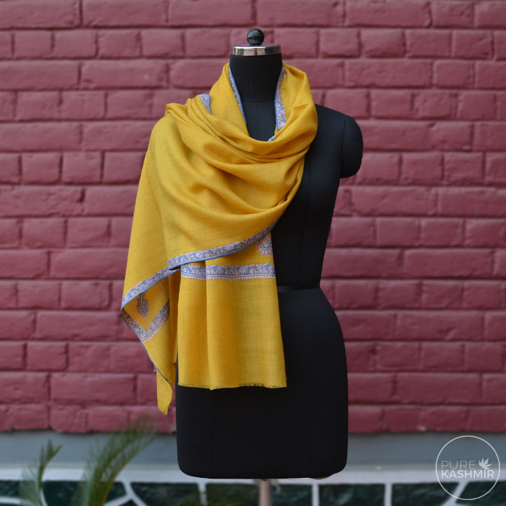 Yellow Cashmere Scarf With Stunning Border Embroidery