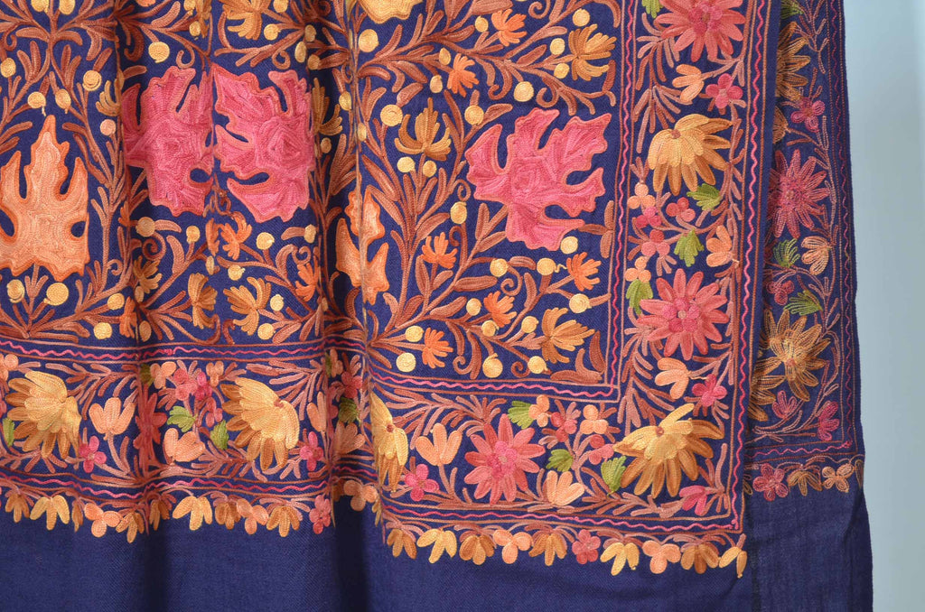 Navy Blue Merino Wool Aari Work Jamawar Shawl