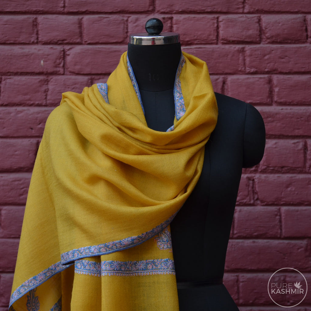Yellow Cashmere Scarf With Stunning Border Embroidery