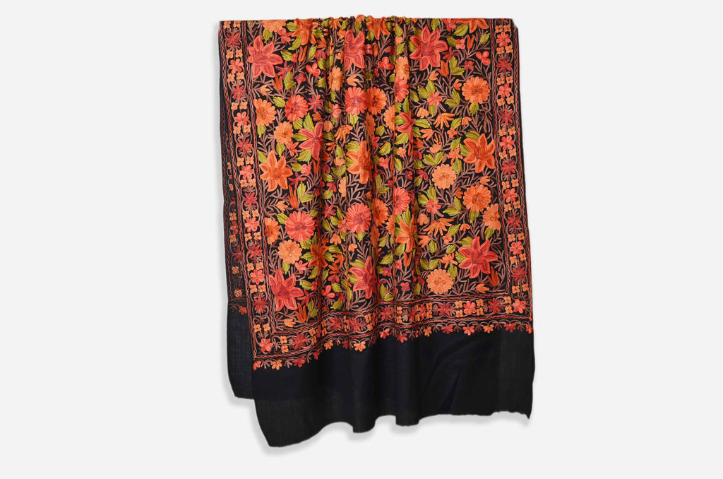 Black Merino Wool Aari Work Jamawar Shawl