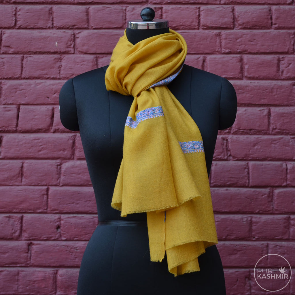 Yellow Cashmere Scarf With Stunning Border Embroidery