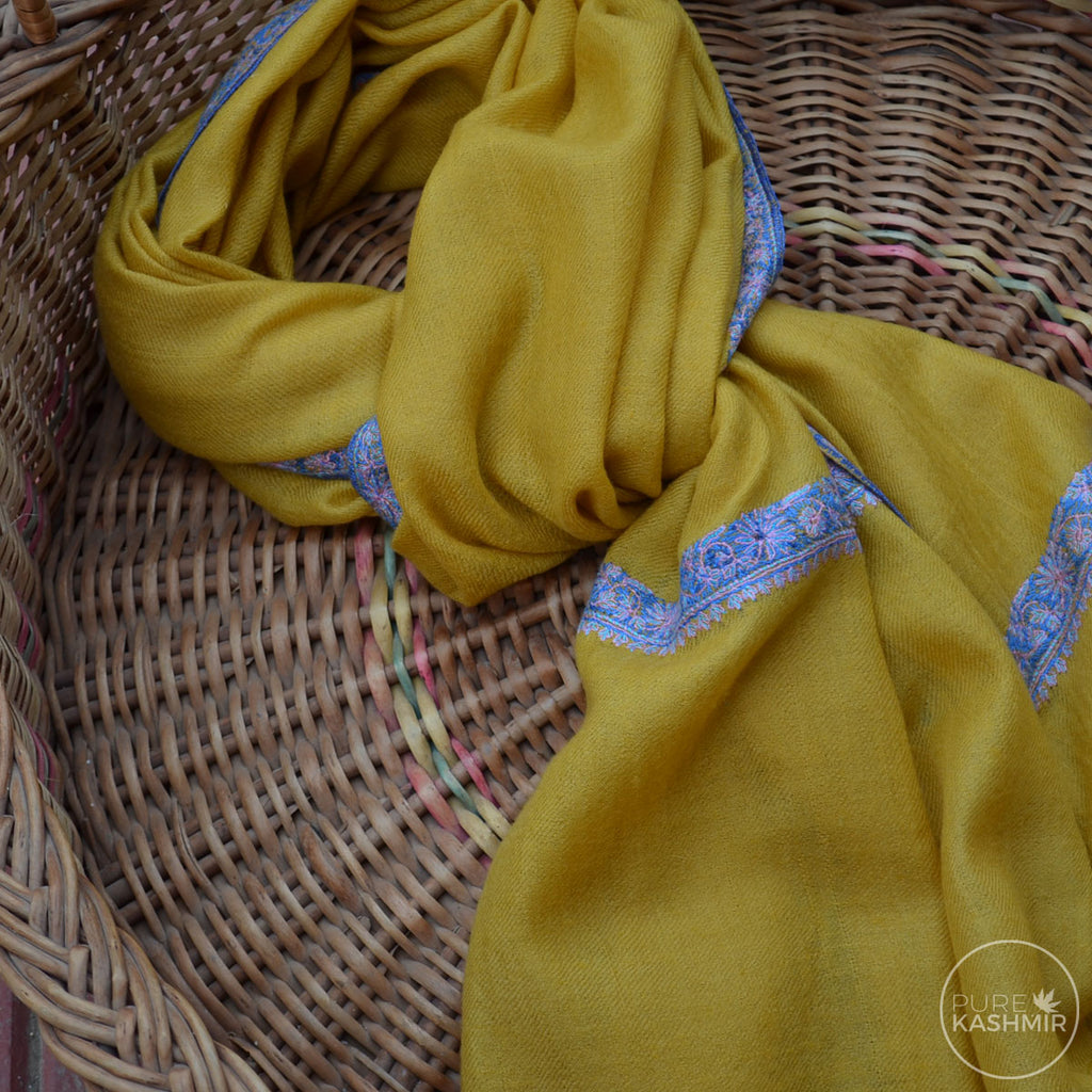 Yellow Cashmere Scarf With Stunning Border Embroidery