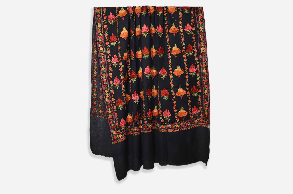 Black Merino Wool Aari Work Shawl