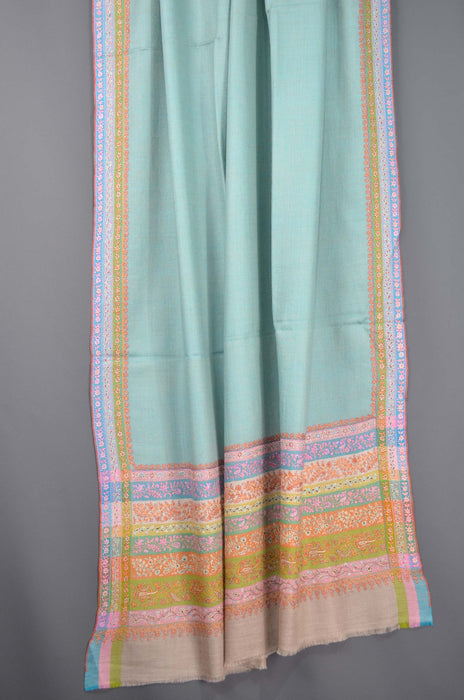 Sea Blue Big Border Embroidery Cashmere Pashmina Shawl