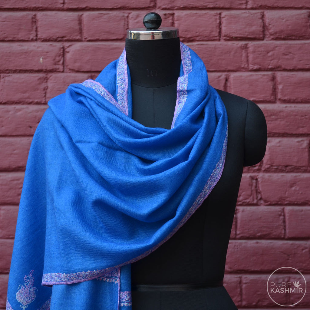 Royal Blue Cashmere Scarf With Stunning Border Embroidery