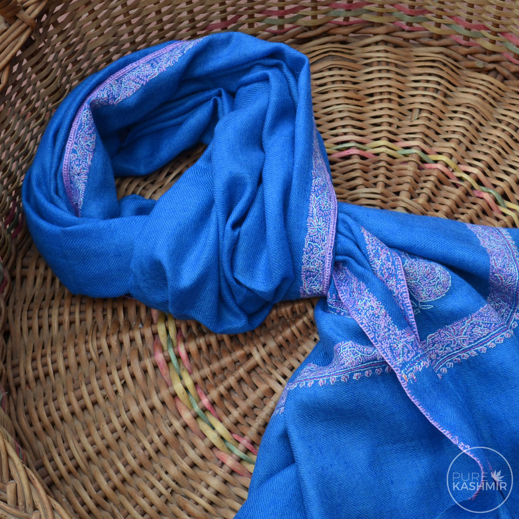 Royal Blue Cashmere Scarf With Stunning Border Embroidery