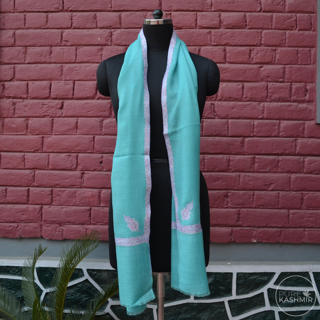 Turquoise Cashmere Scarf With Stunning Border Embroidery