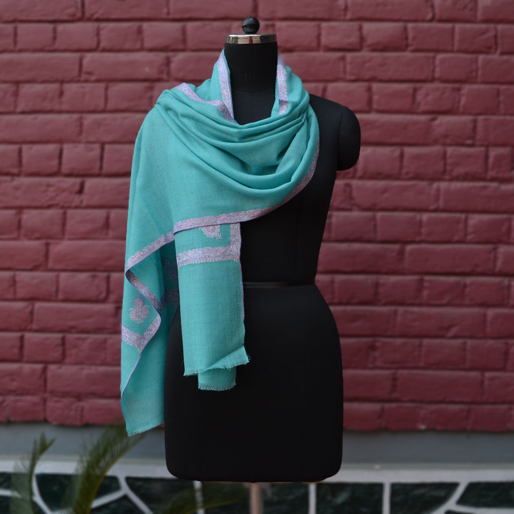 Turquoise Cashmere Scarf With Stunning Border Embroidery