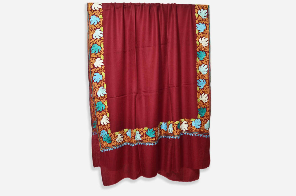 Maroon Merino Wool Aari Border Work Shawl