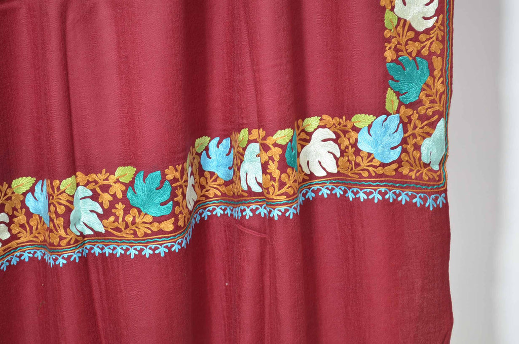 Maroon Merino Wool Aari Border Work Shawl