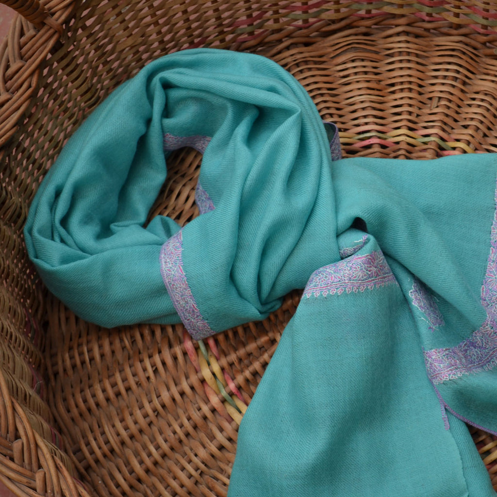 Turquoise Cashmere Scarf With Stunning Border Embroidery