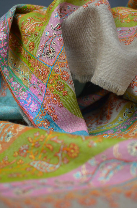 Sea Blue Big Border Embroidery Cashmere Pashmina Shawl