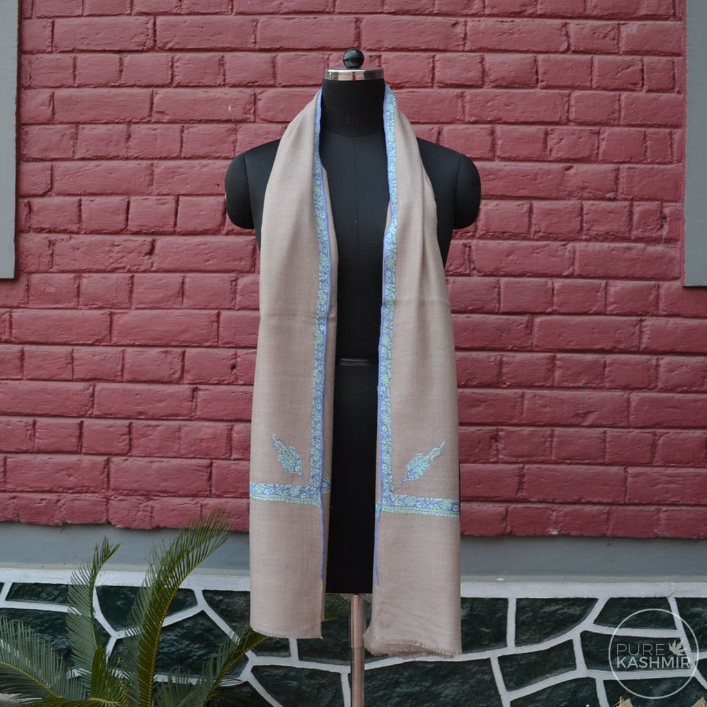 Un Dyed Natural Cashmere Scarf With Stunning Border Embroidery