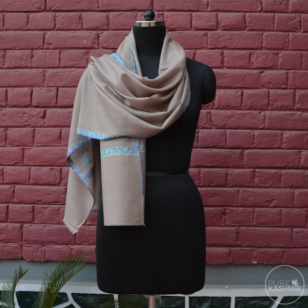Un Dyed Natural Cashmere Scarf With Stunning Border Embroidery