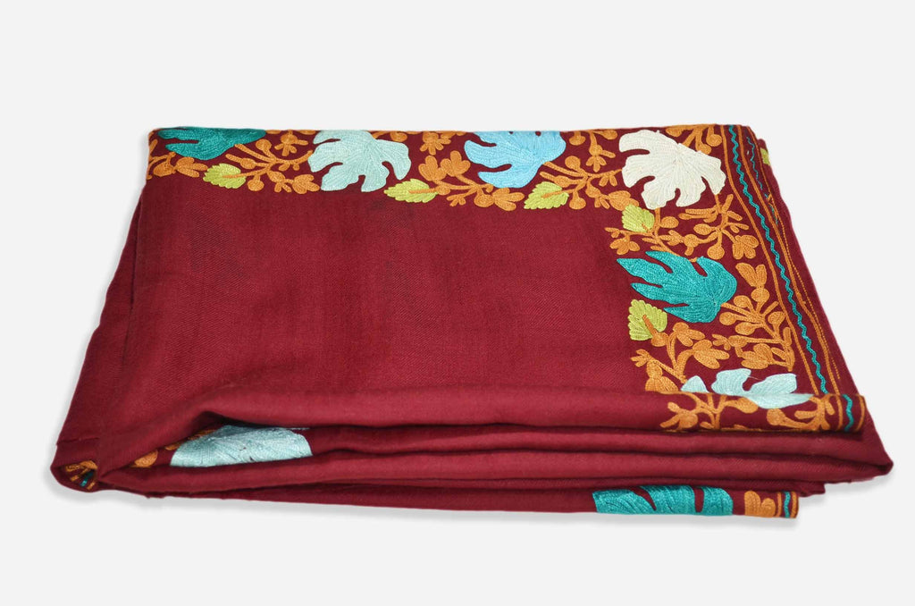 Maroon Merino Wool Aari Border Work Shawl