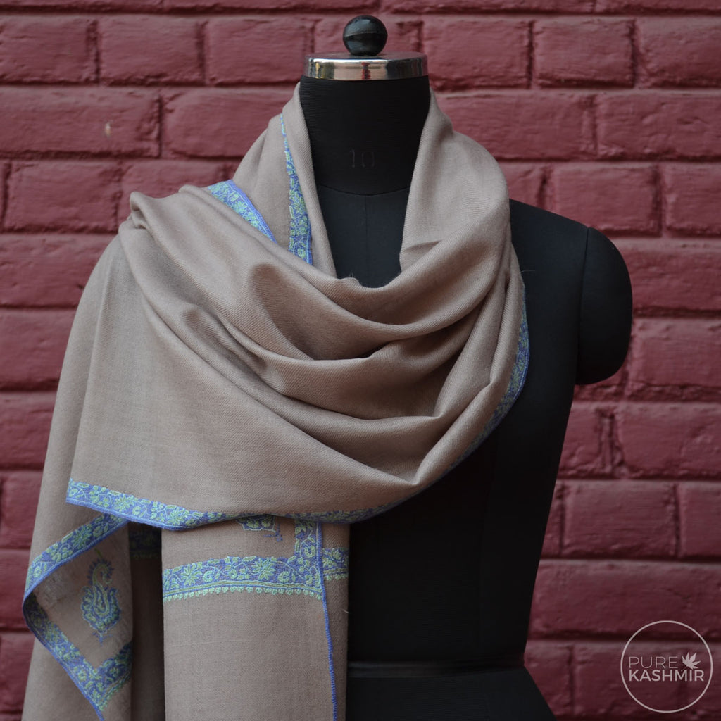 Un Dyed Natural Cashmere Scarf With Stunning Border Embroidery