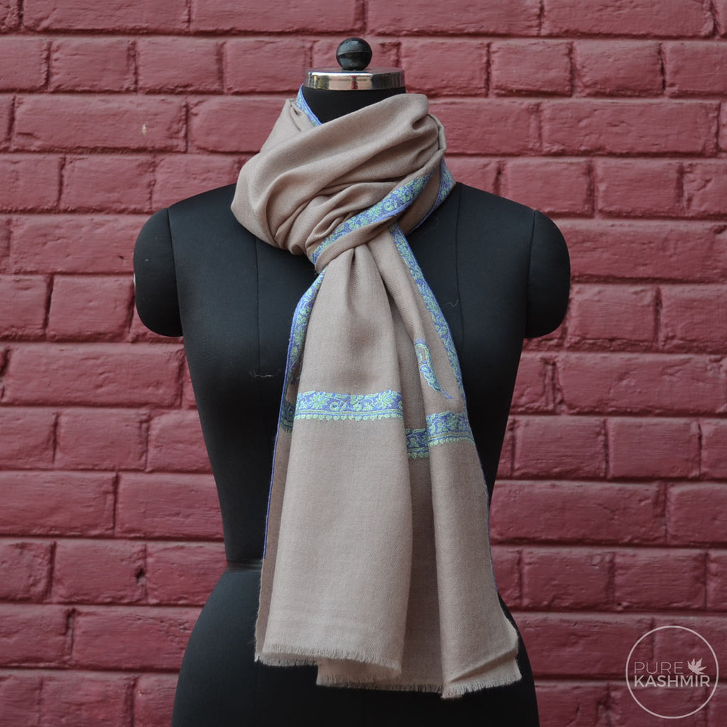 Un Dyed Natural Cashmere Scarf With Stunning Border Embroidery