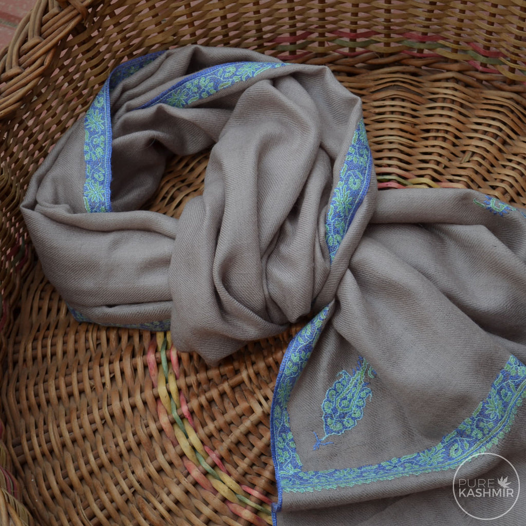 Un Dyed Natural Cashmere Scarf With Stunning Border Embroidery