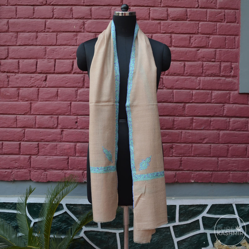 Un Dyed Natural Cashmere Scarf With Stunning Border Embroidery
