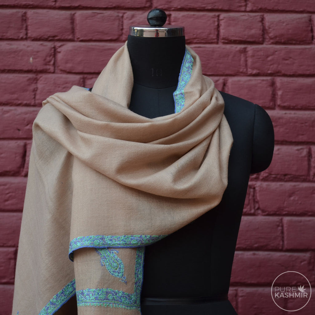 Un Dyed Natural Cashmere Scarf With Stunning Border Embroidery