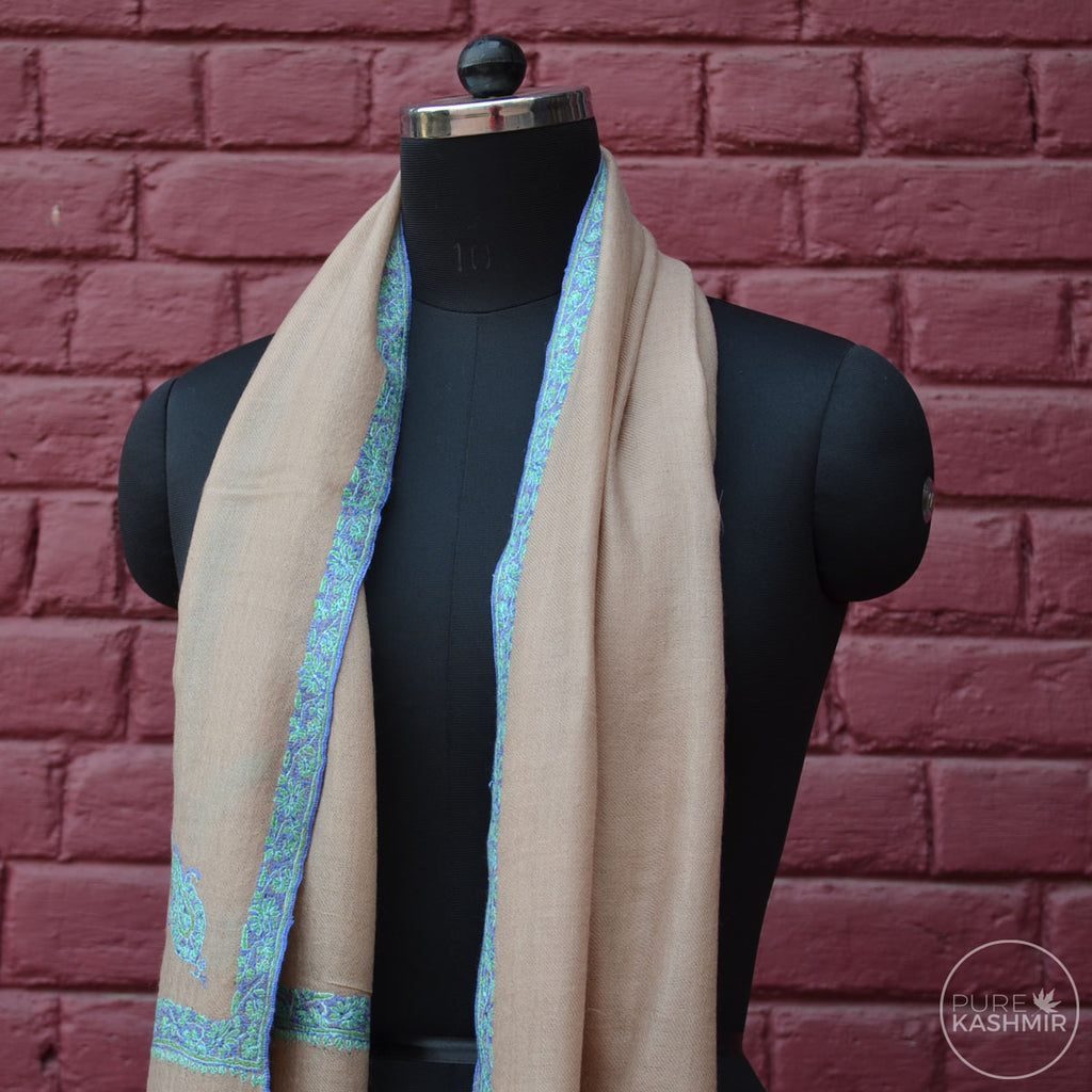 Un Dyed Natural Cashmere Scarf With Stunning Border Embroidery