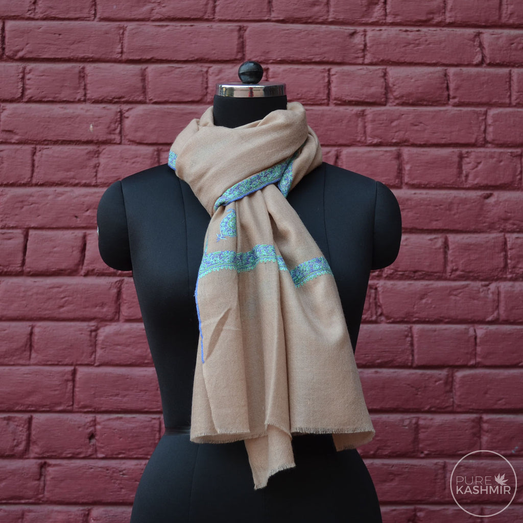 Un Dyed Natural Cashmere Scarf With Stunning Border Embroidery