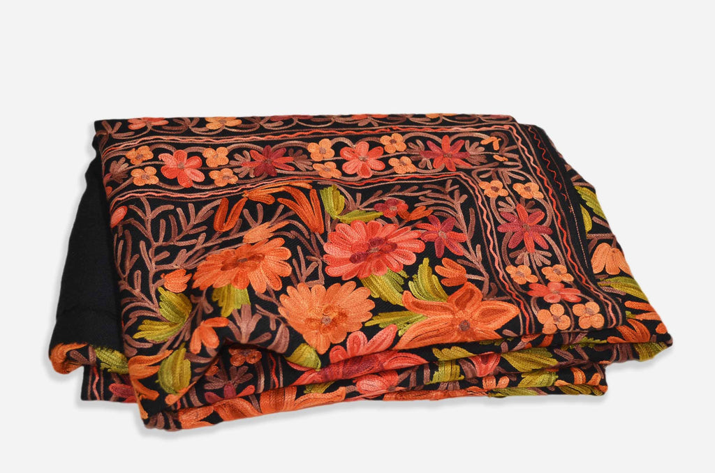 Black Merino Wool Aari Work Jamawar Shawl