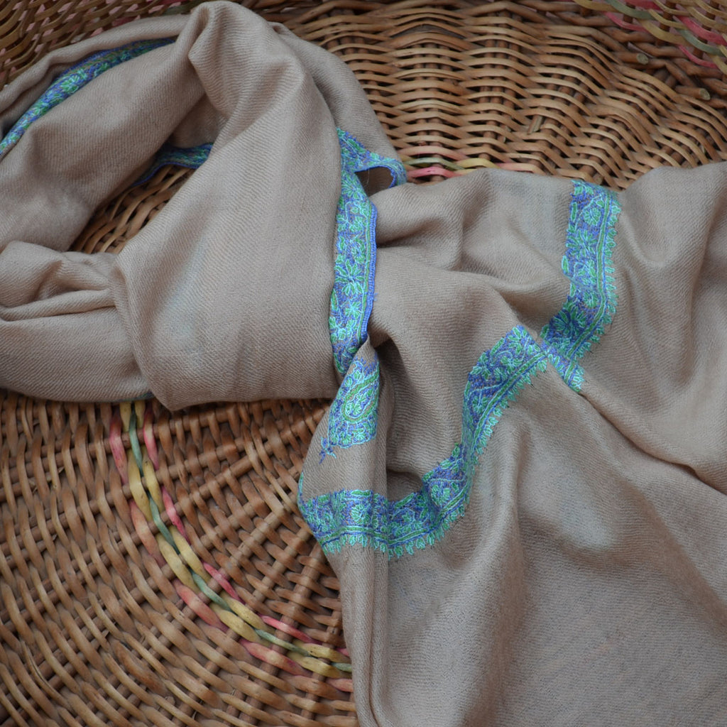 Un Dyed Natural Cashmere Scarf With Stunning Border Embroidery