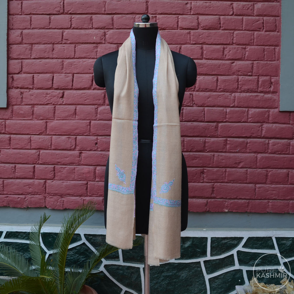 Un Dyed Natural Cashmere Scarf With Stunning Border Embroidery