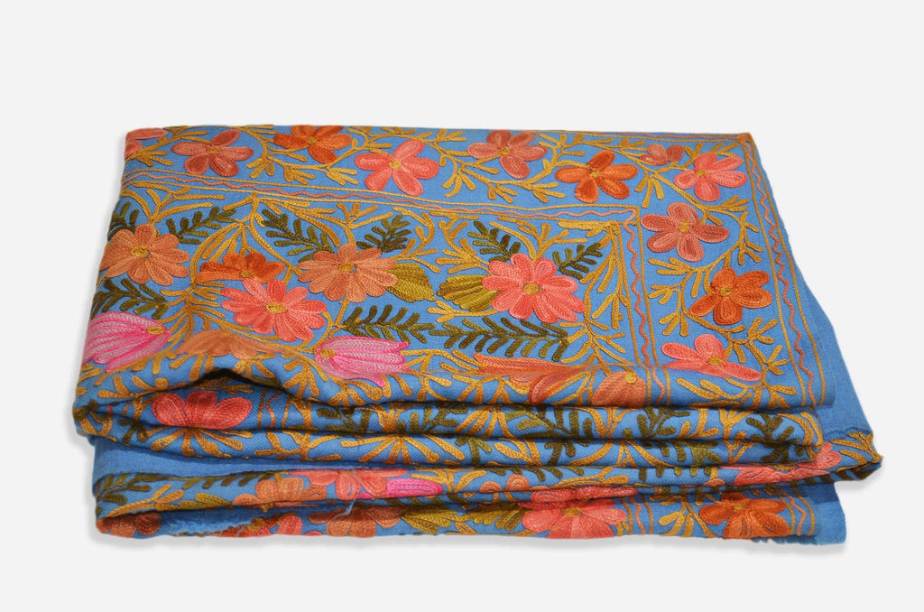 Blue Merino Wool Aari Jamawar Embroidery Shawl