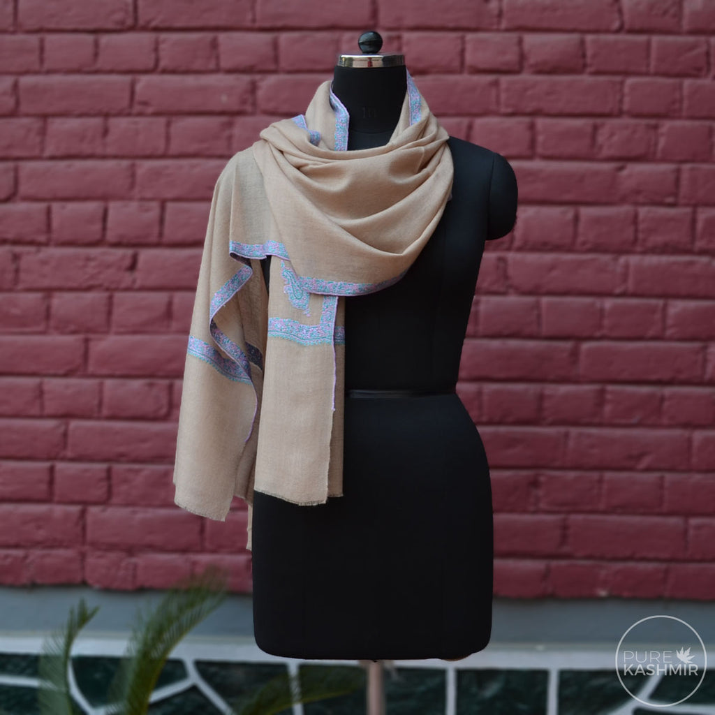Un Dyed Natural Cashmere Scarf With Stunning Border Embroidery