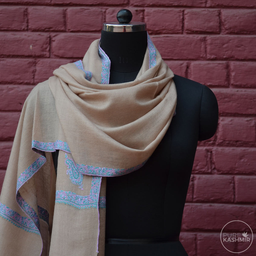 Un Dyed Natural Cashmere Scarf With Stunning Border Embroidery