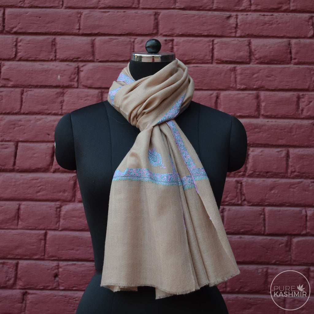 Un Dyed Natural Cashmere Scarf With Stunning Border Embroidery