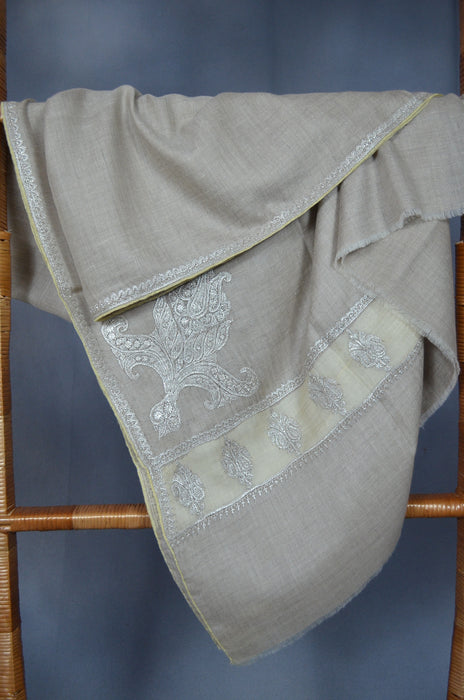 Un Dyed Taupe Tilla Border Embroidery Pashmina Shawl